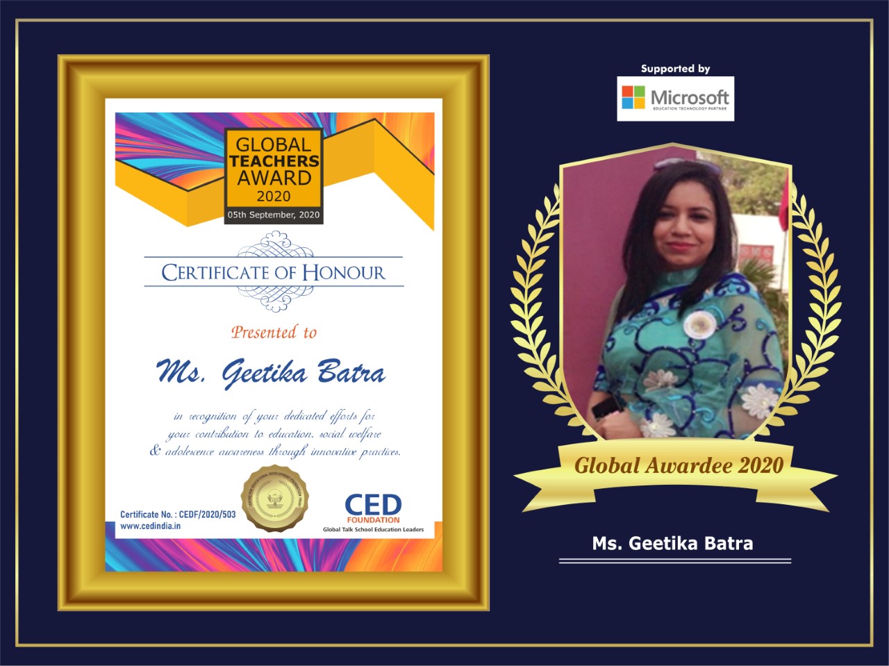 Ms. Geetika Batra conferred Global Teachers Award 2020